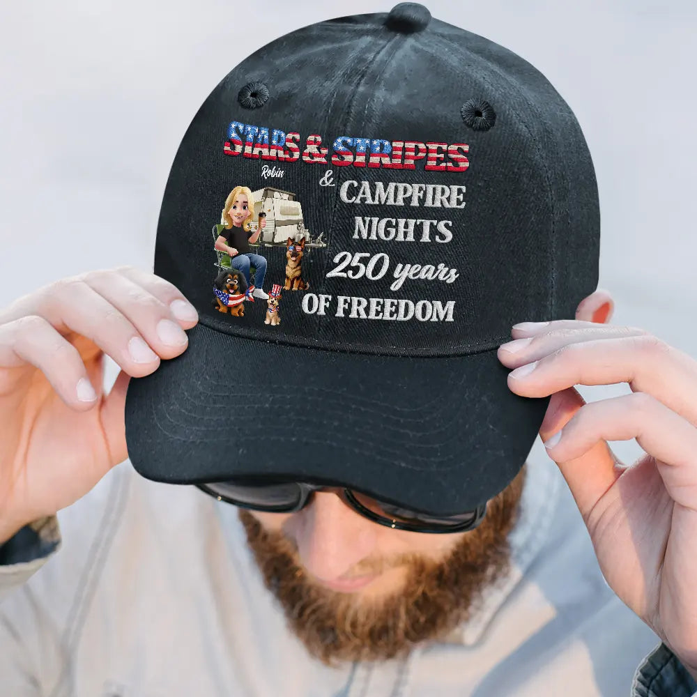 Camping,America 250th,Independence Day,Campsite,Gift For Yourself,Happy - Stars & Stripes & Campfire Nights - Personalized Vintage Washed Denim Cap