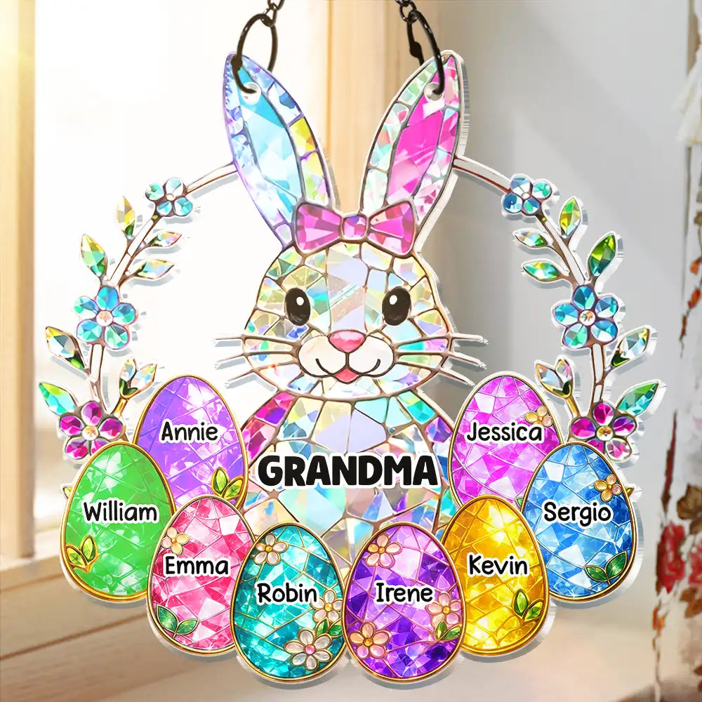 Easter Bunny Egg Grandma Mom Glass Effect - Personalized Window Hanging Suncatcher Ornament
