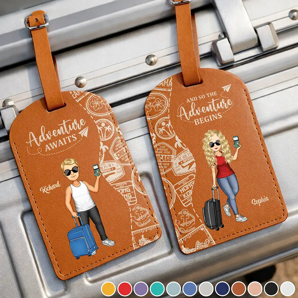 Travel,Gift For Couples,Gift For Husband,Gift For Wife,Happy - Travel Couple And So The Adventure Begins - Personalized Combo 2 Leather Luggage Tags
