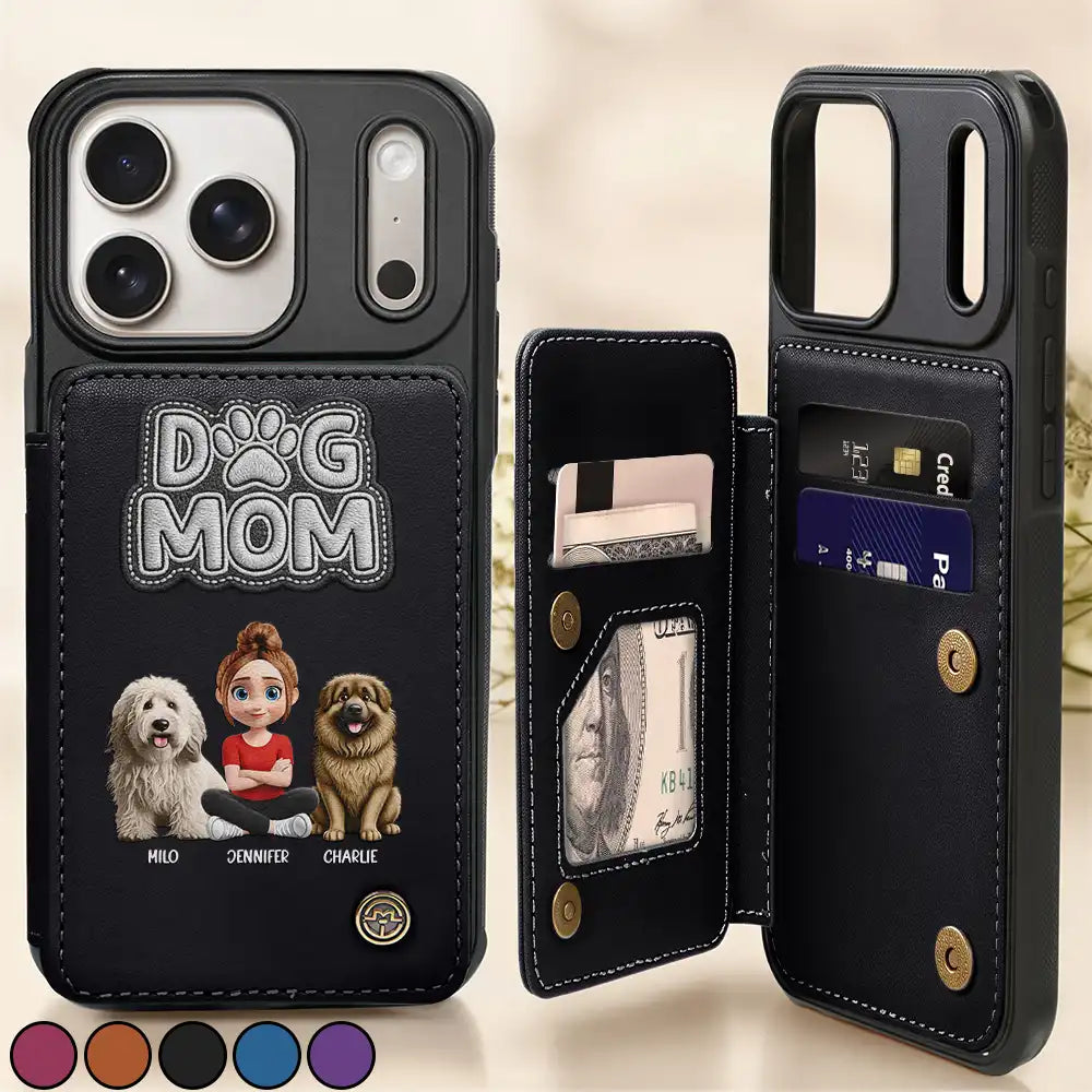 Pet Lovers,Pet Mom,Pet Dad,Cat Lovers,Cat Mom,Cat Dad,Dog Lovers,Dog Mom,Dog Dad,Gift For Women,Gift For Men,Happy,Top Market - Faux Embroidery Effect Pet Mom Pet Dad - Personalized Leather Flip Wallet Phone Case