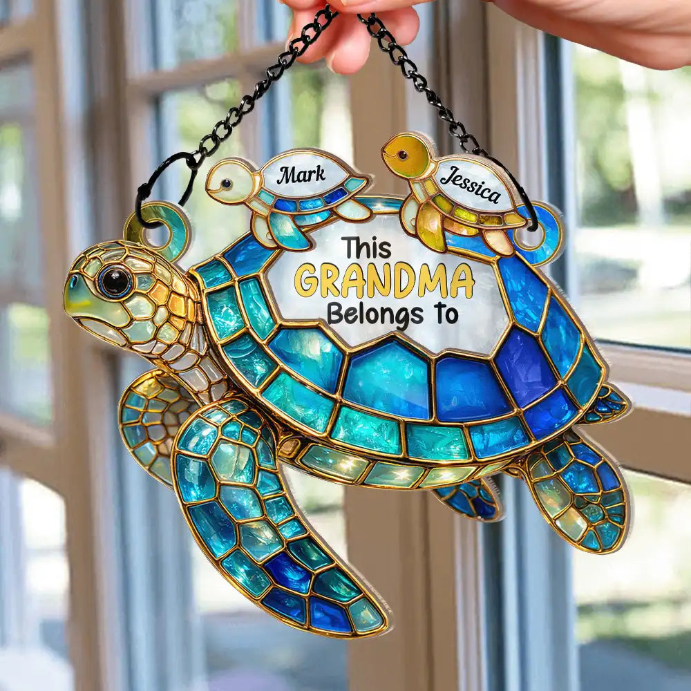 Gift For Grandma, Grandma - Grandkids, Beach, Happy, Gift For Mother - Turtle This Grandma Belongs To - Personalized Window Hanging Suncatcher Ornament