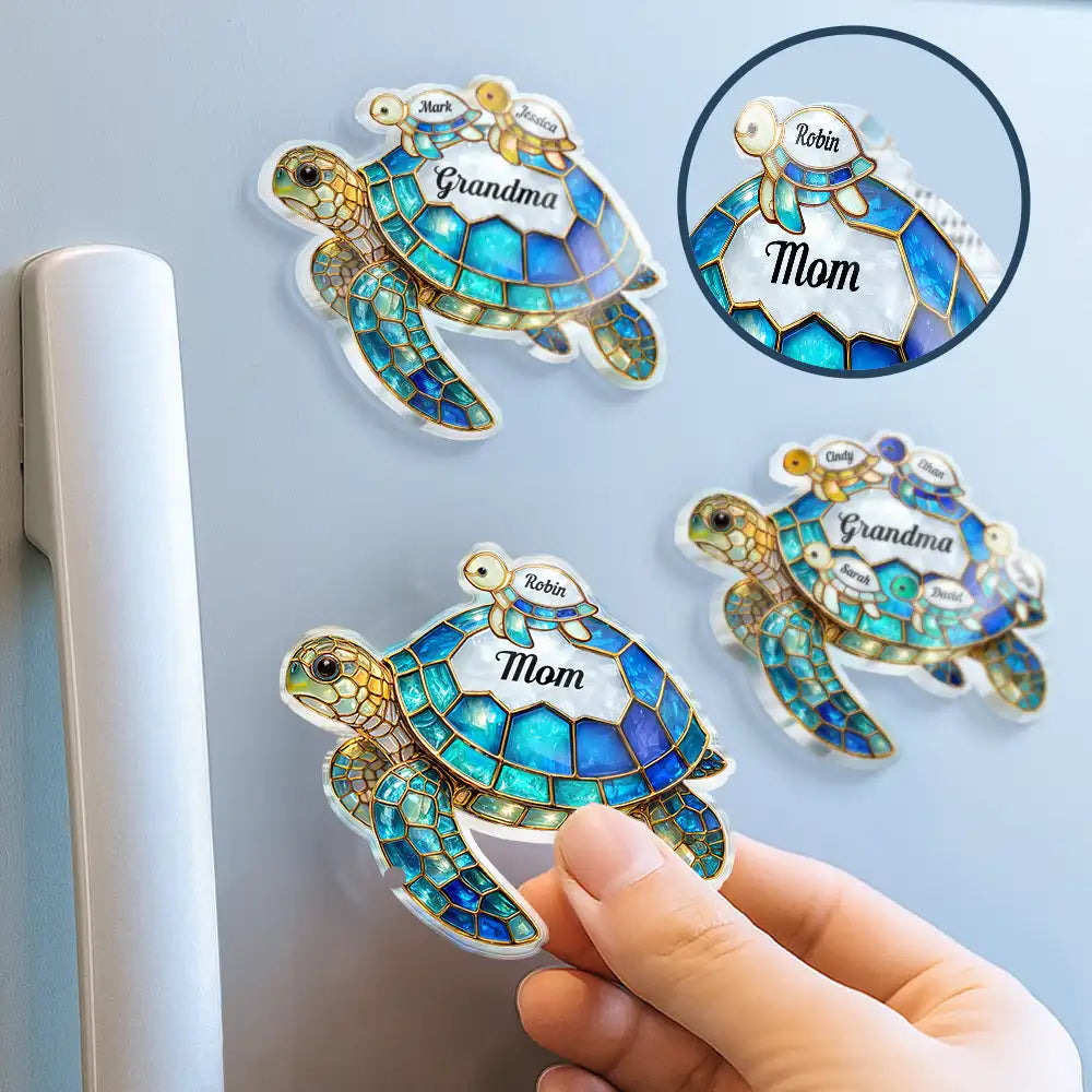 Gift For Grandma, Grandma - Grandkids, Beach, Happy - Turtle Stained Glass Mom Grandma - Personalized Acrylic Fridge Magnet