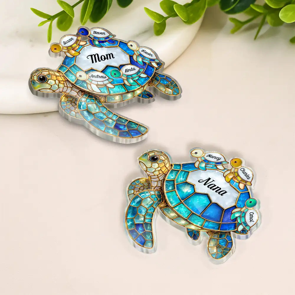 Gift For Grandma, Grandma - Grandkids, Beach, Happy - Turtle Stained Glass Mom Grandma - Personalized Acrylic Fridge Magnet