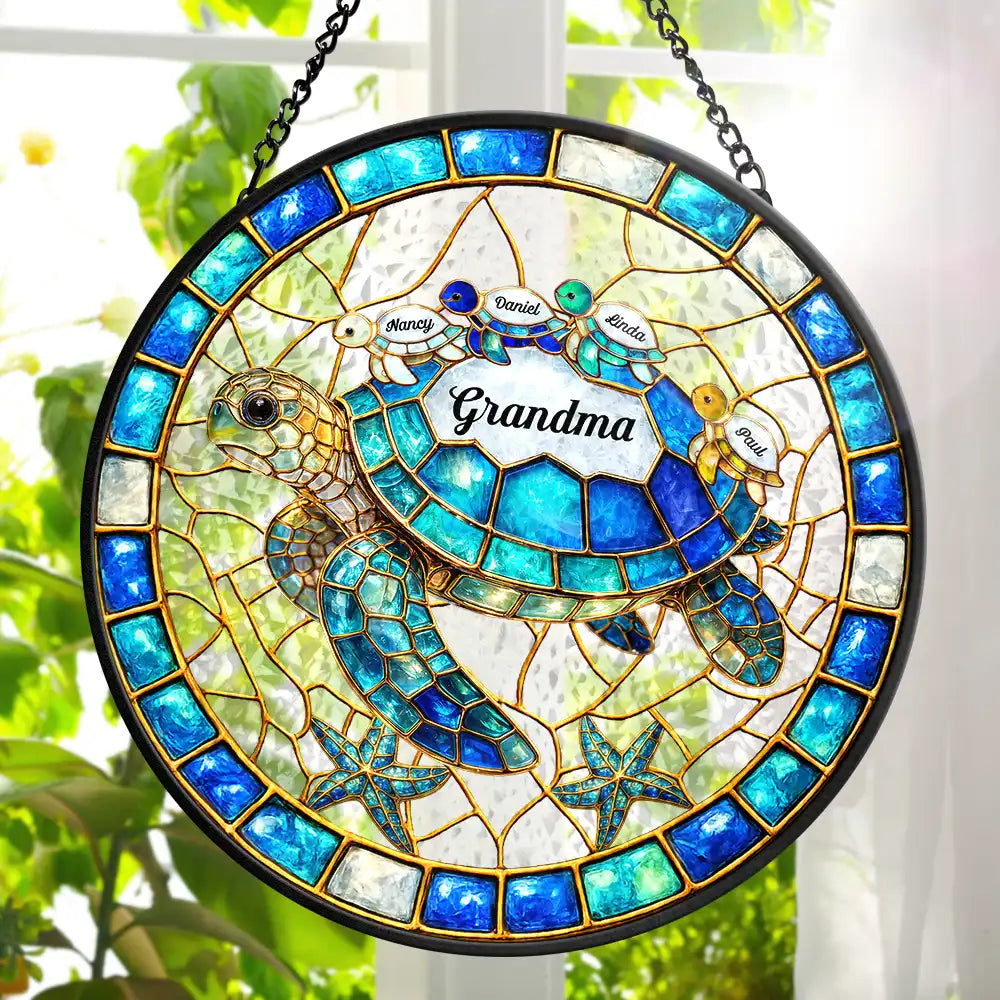 Turtle Stained Glass Mom Grandma - Personalized Stained Glass Window Hanging Suncatcher