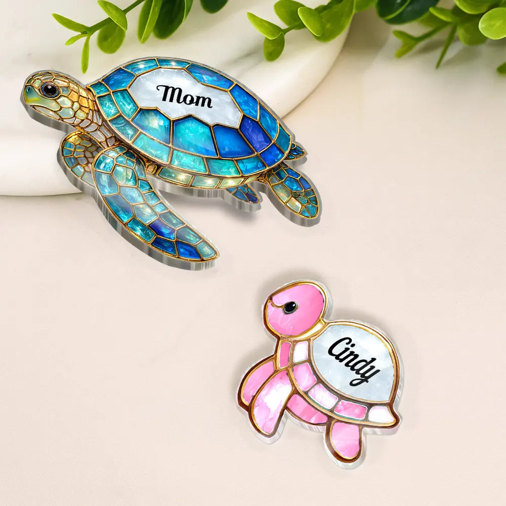 Gift For Grandma, Grandma - Grandkids, Beach, Happy - Grandma Mom Turtle Stained Glass Effect - Personalized Acrylic Fridge Magnet