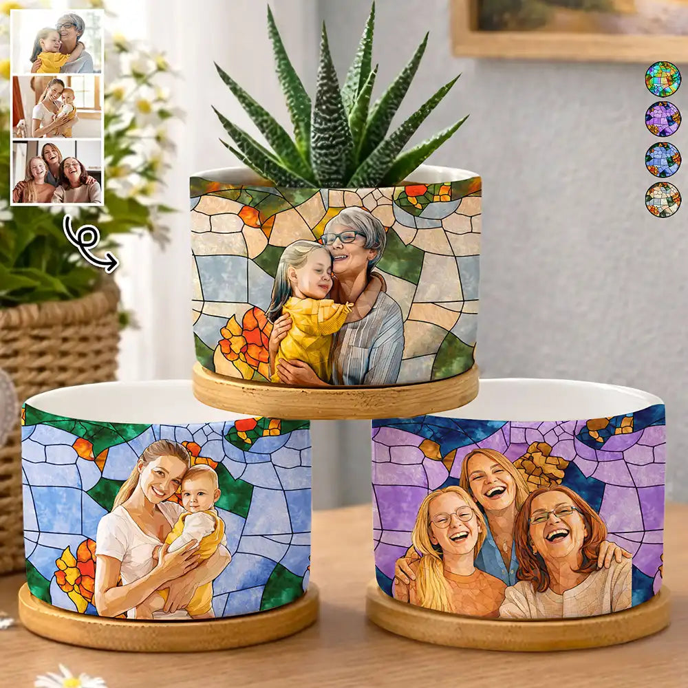 Custom Photo Stained Glass Portrait Mom Grandma Parents Family - Personalized Ceramic Plant Pot