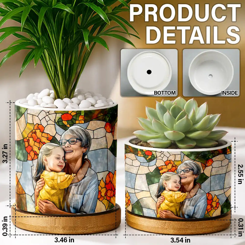 Gift For Wife,Gift For Mother,Gift For Grandma,Gift For Grandparents,Family,Love - Custom Photo Stained Glass Portrait Mom Grandma Parents Family - Personalized Ceramic Plant Pot