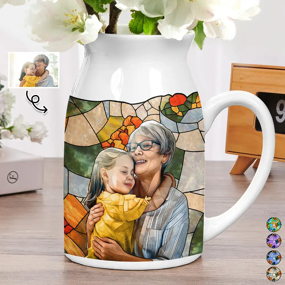 Gift For Wife,Gift For Mother,Gift For Grandma,Gift For Grandparents,Family,Love - Custom Photo Stained Glass Portrait Mom Grandma Parents Family - Personalized Ceramic Flower Vase