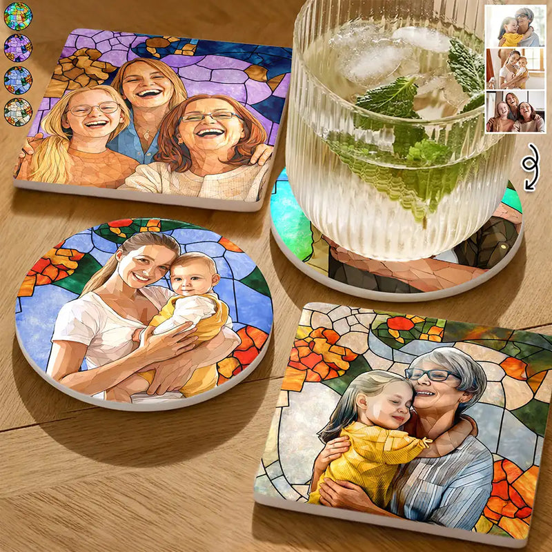 Gift For Wife,Gift For Mother,Gift For Grandma,Gift For Grandparents,Family,Love - Custom Photo Stained Glass Portrait Mom Grandma Parents Family - Personalized Ceramic Coaster