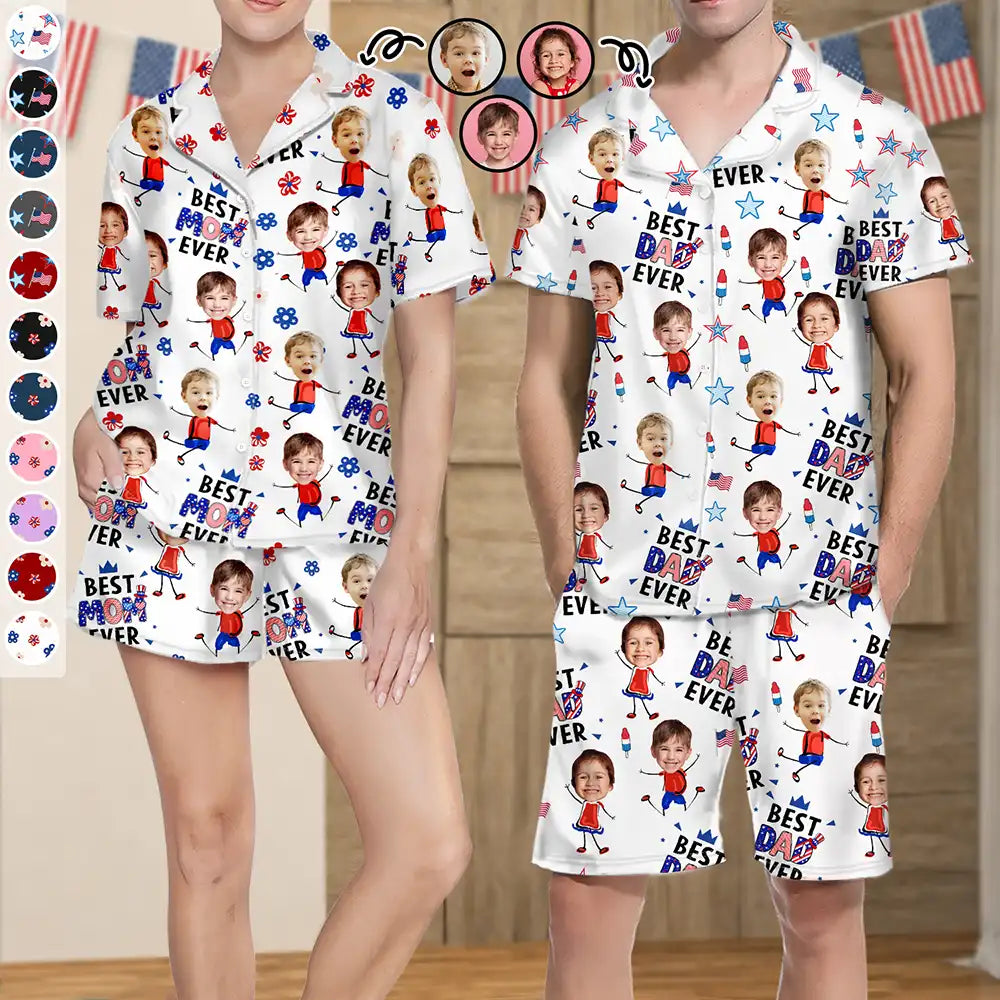 Custom Photo Stars & Stripes Best Dad Mom Grandpa Grandma Ever - Personalized Short Pajamas Set
