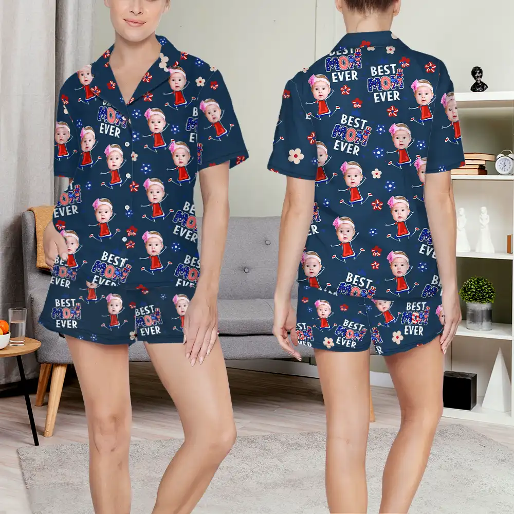 Gift For Mother,Gift For Grandma,Happy,Gift For Father,Gift For Grandpa,Independence Day,Non-Eng,Photo,Icon,Humorous - Custom Photo Stars & Stripes Best Dad Mom Grandpa Grandma Ever - Personalized Short Pajamas Set