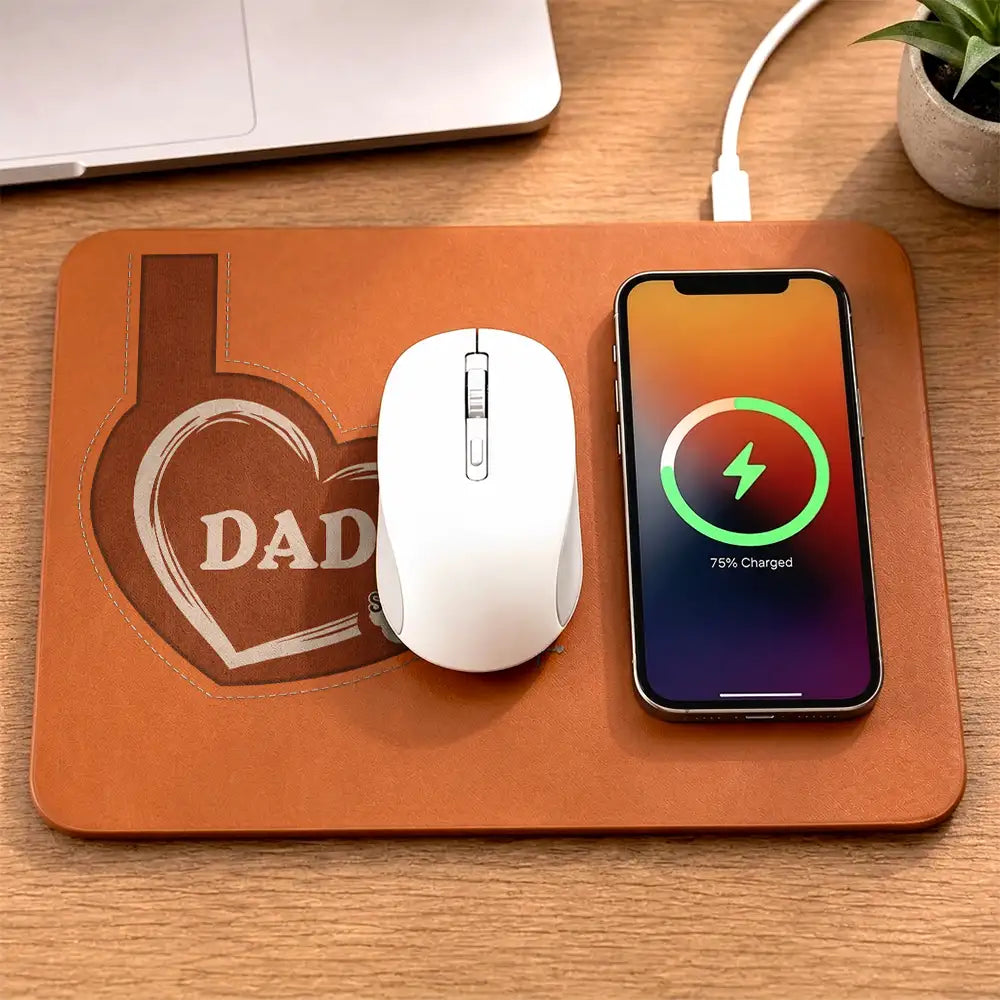 Gift For Father,Gift For Grandpa,Grandpa - Grandkids,Non-Eng,Icon,Proud - Grandpa Dad Kids Handprints - Personalized Leather Charging Mat