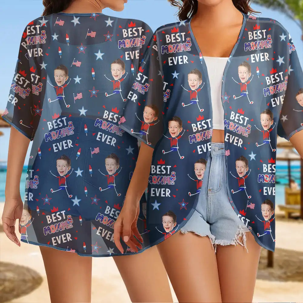 Gift For Mother,Gift For Grandma,Happy,Summer,Independence Day,Photo,Icon,Humorous - Custom Photo Stars & Stripes Best Mom Grandma Ever - Personalized Women Kimono Cardigan