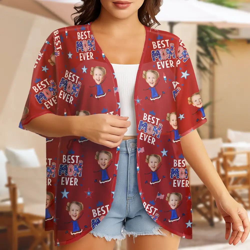 Gift For Mother,Gift For Grandma,Happy,Summer,Independence Day,Photo,Icon,Humorous - Custom Photo Stars & Stripes Best Mom Grandma Ever - Personalized Women Kimono Cardigan