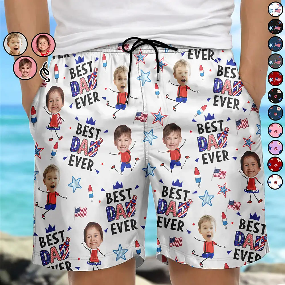 Custom Photo Stars & Stripes Best Dad Mom Grandpa Grandma Ever - Personalized Unisex Beach Shorts