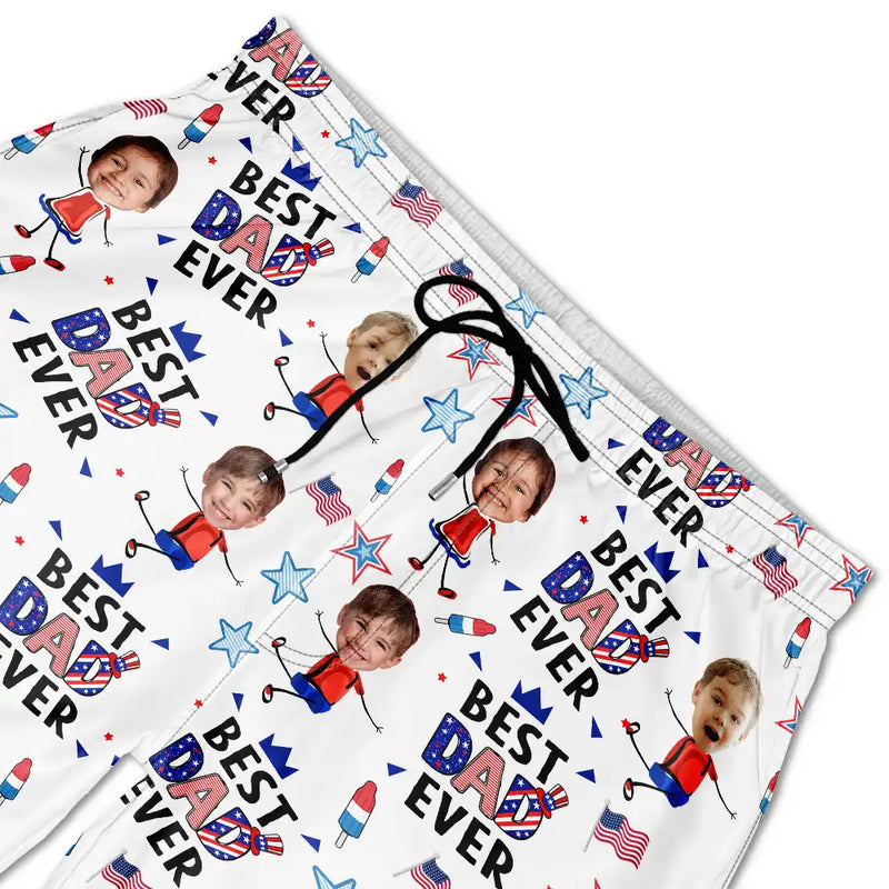 Gift For Mother,Gift For Grandma,Happy,Gift For Father,Gift For Grandpa,Summer,Independence Day,Photo,Icon,Humorous - Custom Photo Stars & Stripes Best Dad Mom Grandpa Grandma Ever - Personalized Unisex Beach Shorts