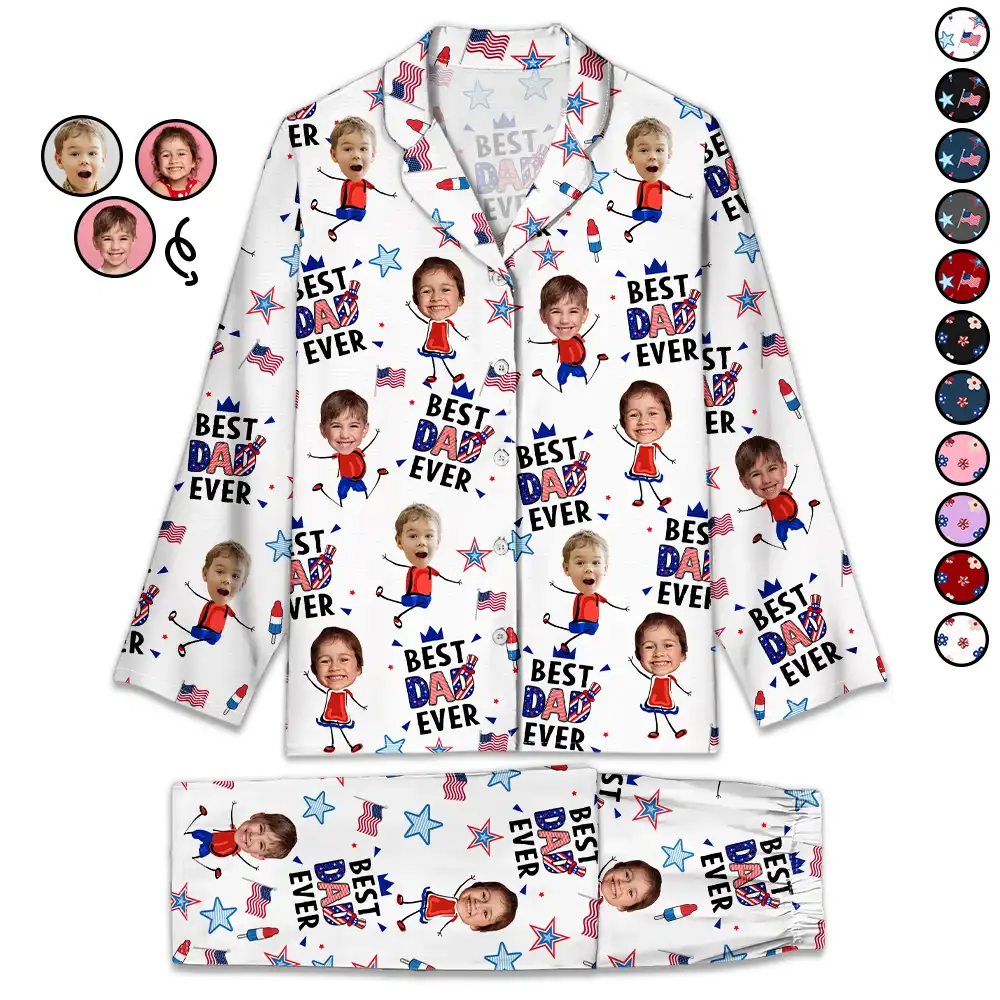 Gift For Mother,Gift For Grandma,Happy,Gift For Father,Gift For Grandpa,Independence Day,Photo,Icon,Humorous - Custom Photo Stars & Stripes Best Dad Mom Grandpa Grandma Ever - Personalized Long Pajamas Set