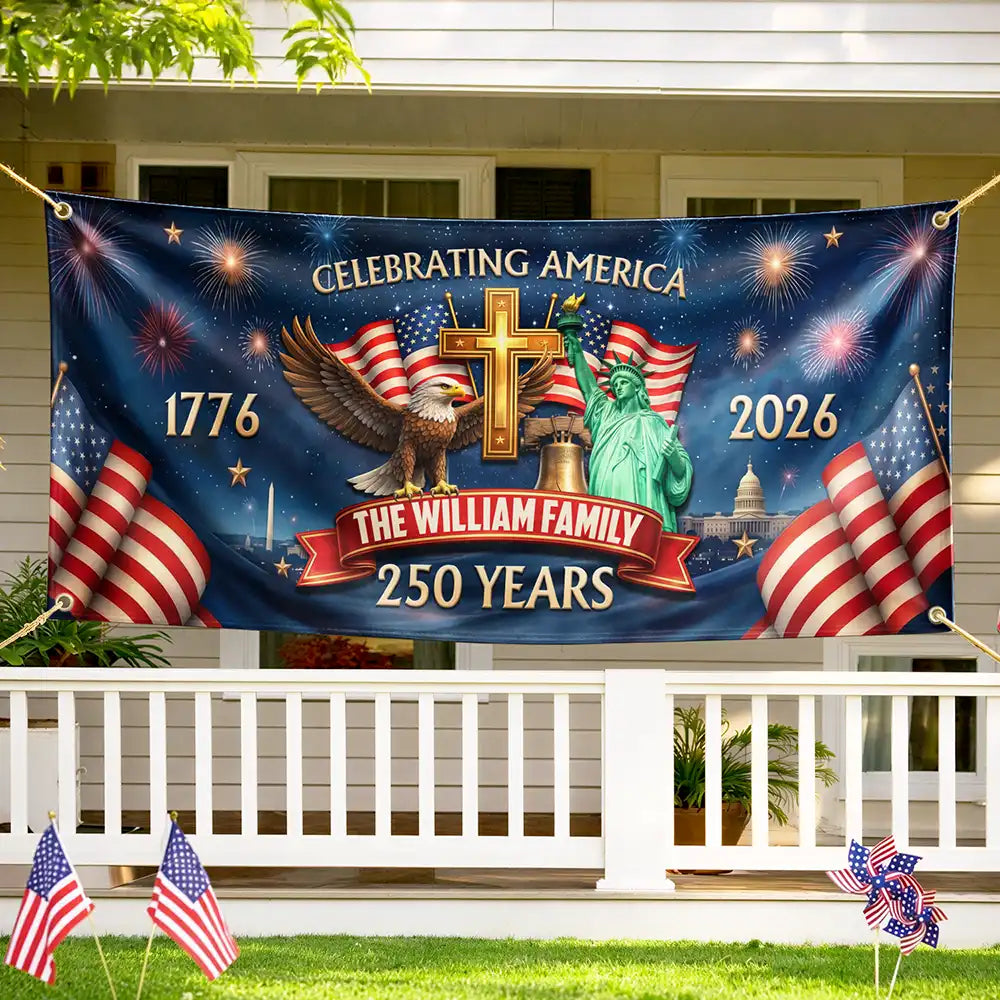 America 250th,Independence Day,Top Market,Family,Proud,Custom Text - 3D Effect Celebrating America 250 Years - Personalized Horizontal Banner