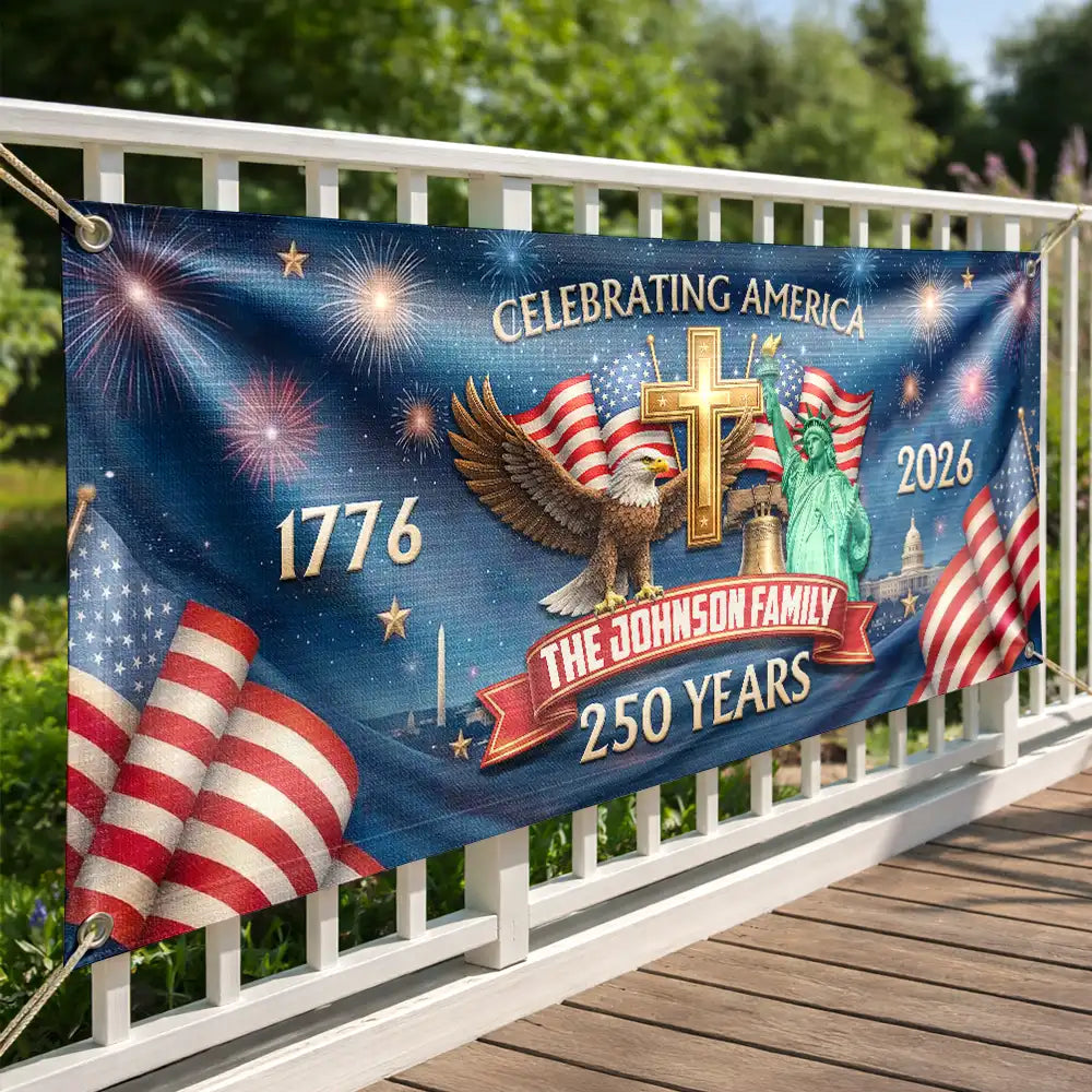America 250th,Independence Day,Top Market,Family,Proud,Custom Text - 3D Effect Celebrating America 250 Years - Personalized Horizontal Banner