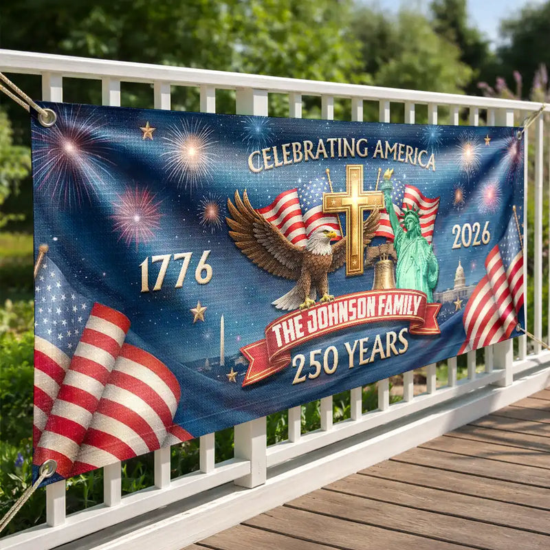 America 250th,Independence Day,Top Market,Family,Proud,Custom Text - 3D Effect Celebrating America 250 Years - Personalized Horizontal Banner