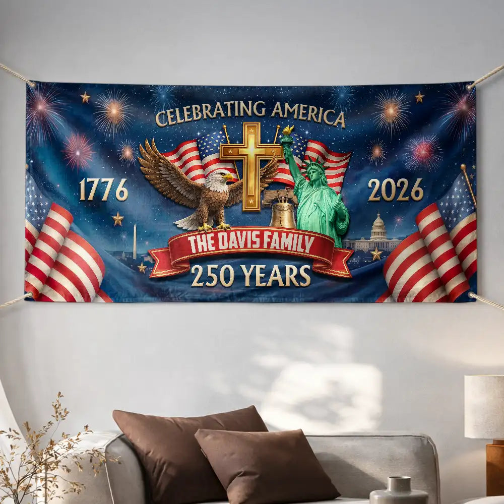America 250th,Independence Day,Top Market,Family,Proud,Custom Text - 3D Effect Celebrating America 250 Years - Personalized Horizontal Banner