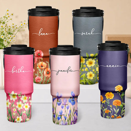 Blooming With Birth Flower And Name - Personalized 30oz Tumbler With Handle