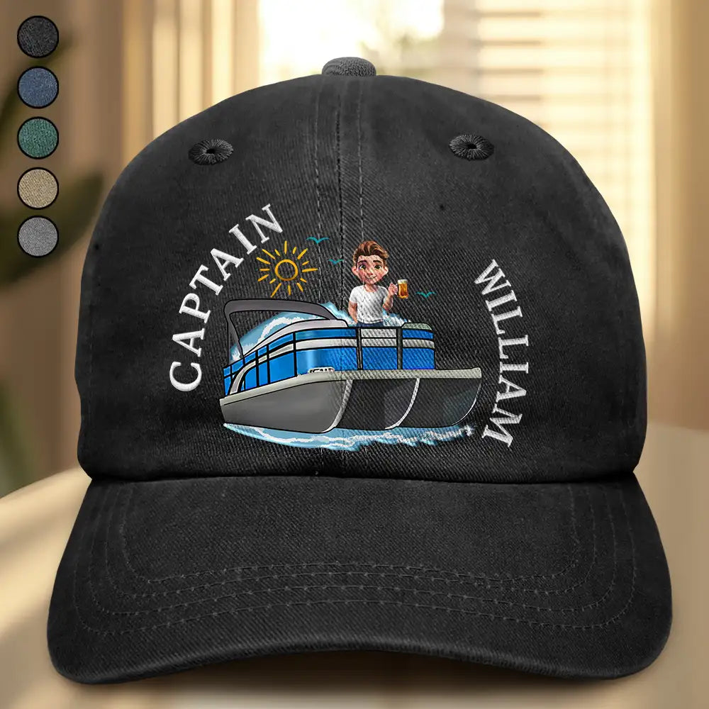 Summer, Gift For Couples, Romantic, Vector - Couple Pontoon Captain First Mate - Personalized Vintage Washed Denim Cap