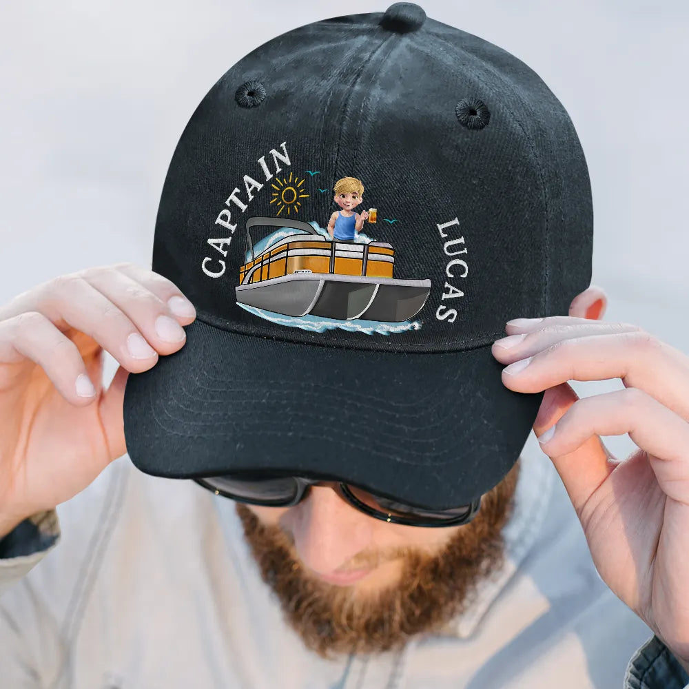 Summer, Gift For Couples, Romantic, Vector - Couple Pontoon Captain First Mate - Personalized Vintage Washed Denim Cap