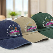 Summer, Gift For Couples, Romantic, Vector - Couple Pontoon Captain First Mate - Personalized Vintage Washed Denim Cap