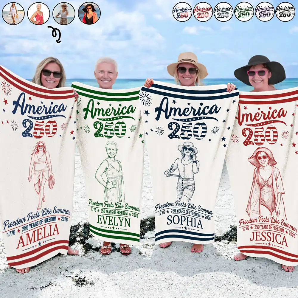 Custom Photo Pencil Sketch America 250 Freedom Feels Like Summer - Personalized Beach Towel