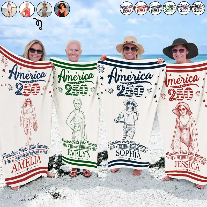 America 250th,Custom Photo,Independence Day,Art Design,Summer,Family,Proud,Photo - Pencil Sketch - Remove BG - Custom Photo Pencil Sketch America 250 Freedom Feels Like Summer - Personalized Beach Towela