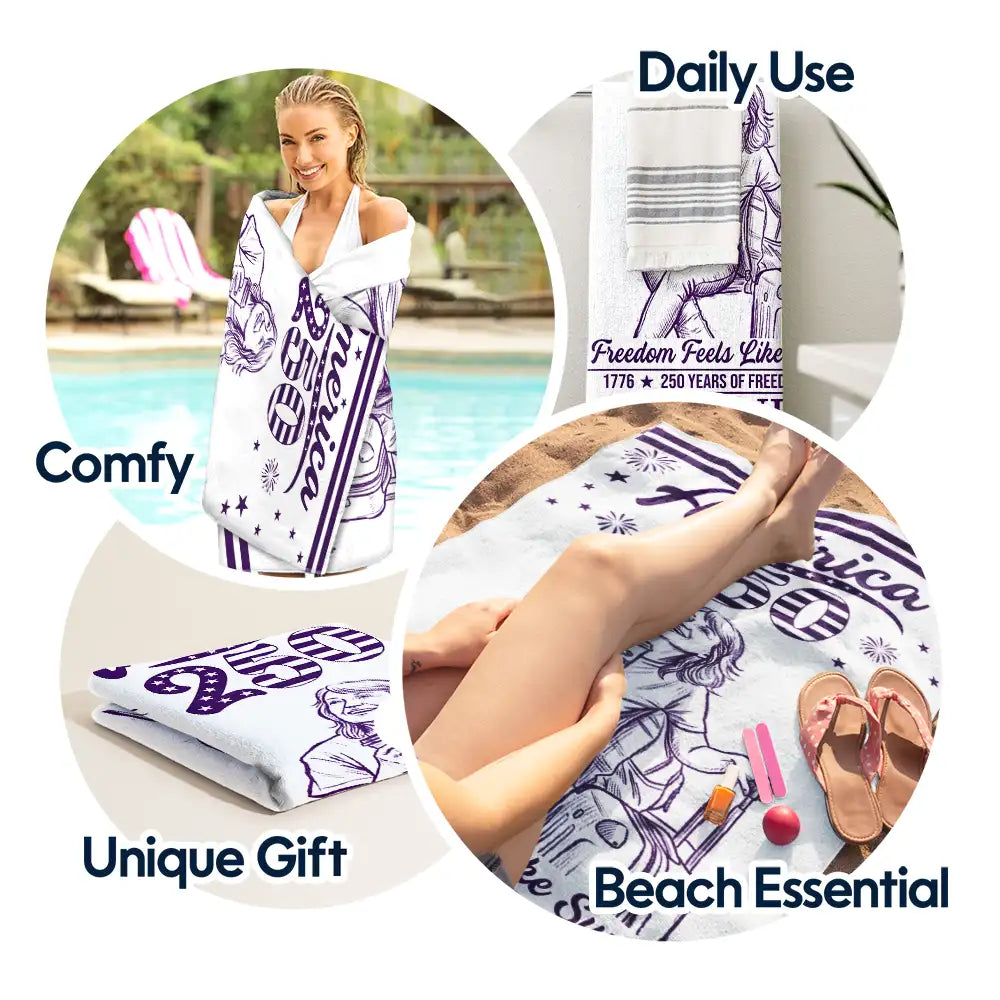 America 250th,Custom Photo,Independence Day,Art Design,Summer,Family,Proud,Photo - Pencil Sketch - Remove BG - Custom Photo Pencil Sketch America 250 Freedom Feels Like Summer - Personalized Beach Towela