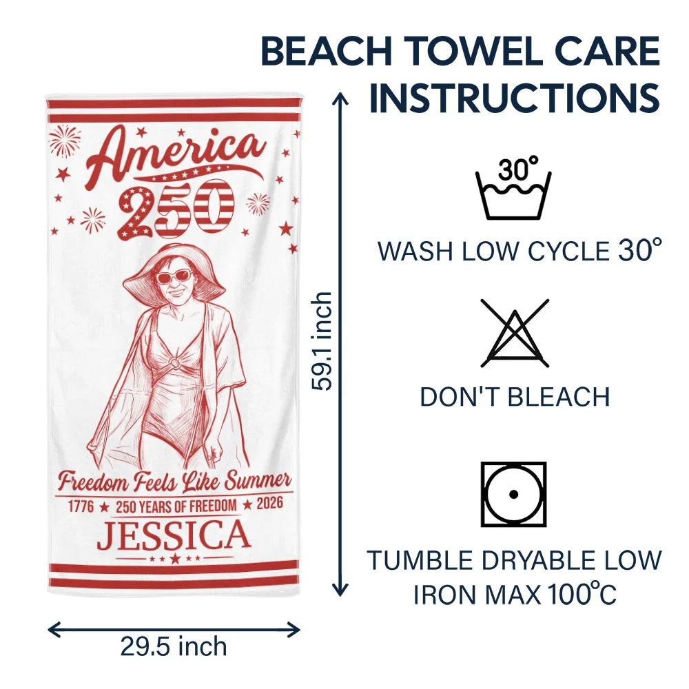 America 250th,Custom Photo,Independence Day,Art Design,Summer,Family,Proud,Photo - Pencil Sketch - Remove BG - Custom Photo Pencil Sketch America 250 Freedom Feels Like Summer - Personalized Beach Towela