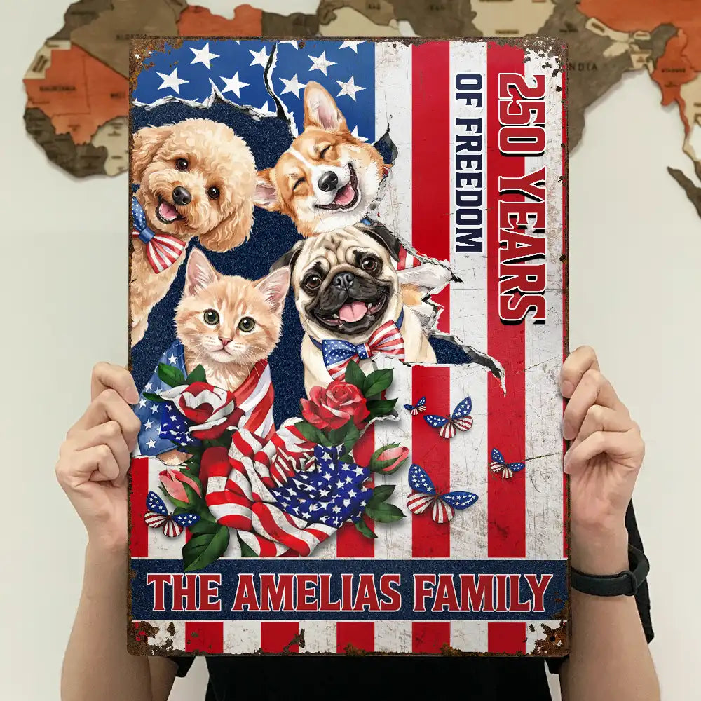 America 250th,Custom Photo,Independence Day,Art Design,Pet Lovers,Playful,Photo - US Theme Accessories Watercolor - Custom Photo Watercolor With US Accessories Patriotic Dog Cat 250 Years Of Freedom - Personalized Classic Metal Signs