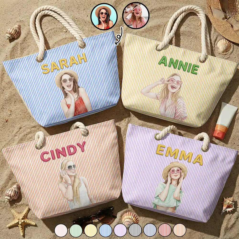 Custom Photo Realistic Watercolor Art Portrait Bestie Family Yourself - Personalized Beach Bag