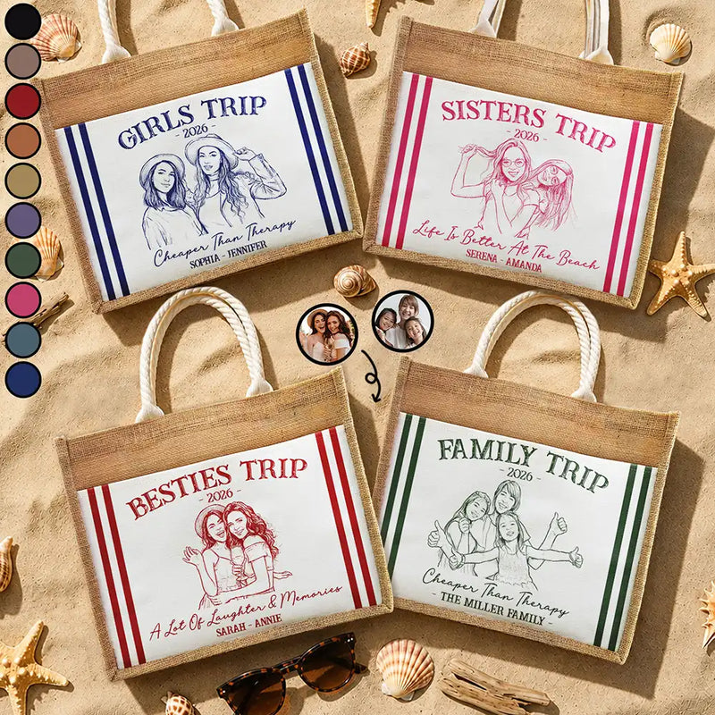 Custom Photo, Art Design, Summer, Gift For Bestie, Playful, Photo - Pencil Sketch - Remove BG - Custom Photo Pencil Sketch Girls Trip A Lot Of Laughter & Memory - Personalized Jute Tote Bag