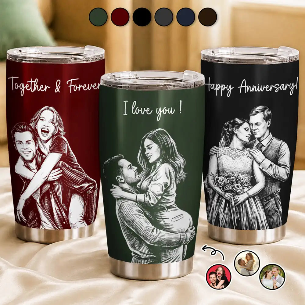 Custom Photo White Pencil Sketch Art Happy Anniversary Couple - Personalized Tumbler