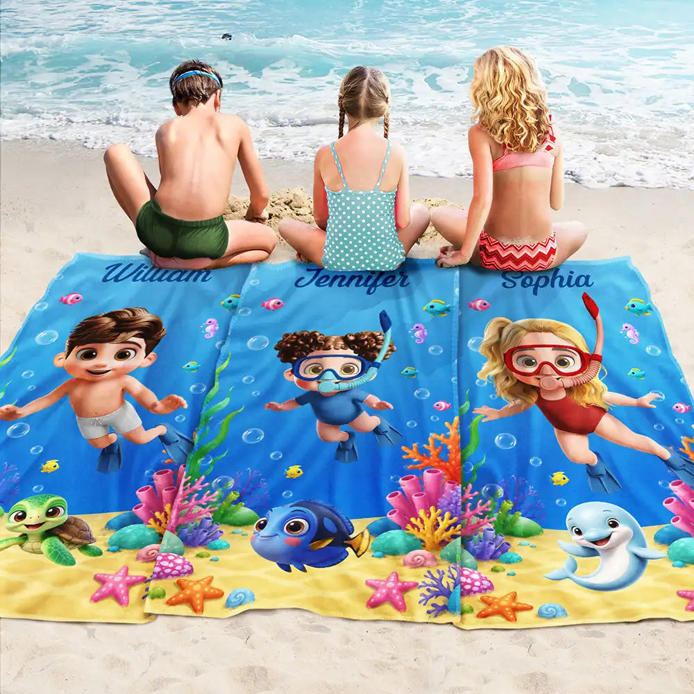 Gift For Kids, Summer, Playful, Vector - Scuba Diving Lovely Kid Ocean Theme - Personalized Beach Towel