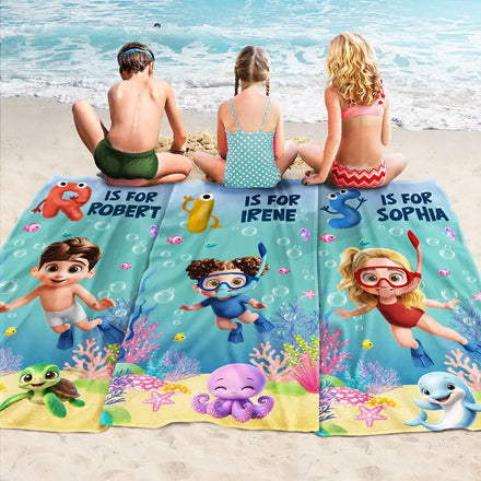 Scuba Diving Kid With Name - Personalized Beach Towel