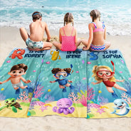 Gift For Kids, Summer, Playful, Vector - Scuba Diving Kid With Name - Personalized Beach Towel