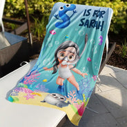Gift For Kids, Summer, Playful, Vector - Scuba Diving Kid With Name - Personalized Beach Towel