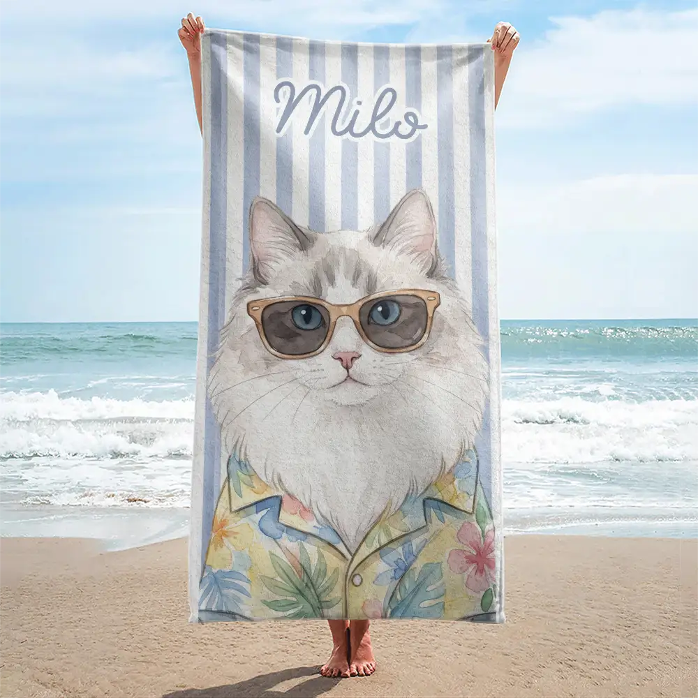 Art Design, Playful, Custom Photo, Summer, Pet Lovers, Photo - Watercolor Summer Pet With Accessories - Custom Photo Watercolor Pet With Summer Accessories Pet Portrait Summer Vibe - Personalized Beach Towel
