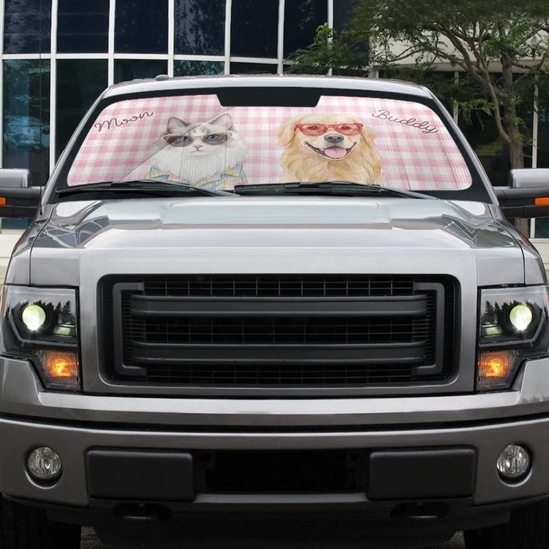Art Design,Playful,Custom Photo,Summer,Pet Lovers,Photo - Watercolor Summer Pet With Accessories - Custom Photo Watercolor Pet With Summer Accessories Pet Portrait - Personalized Auto Sunshade
