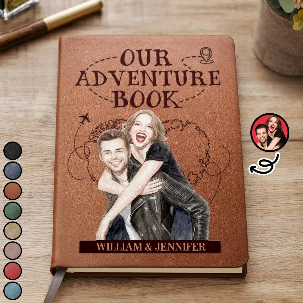Custom Photo Realistic Watercolor Art Our Adventure Book Travel Couple - Personalized Leather Journal