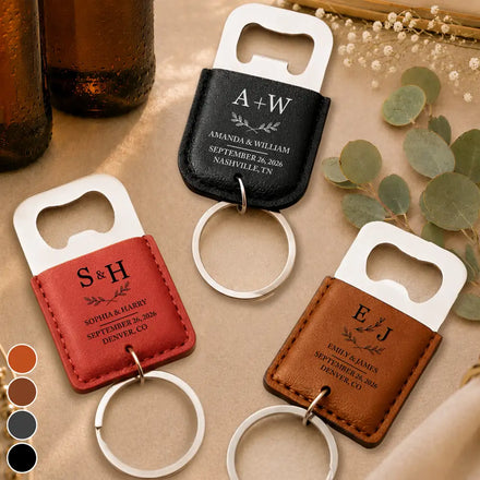 Couples Wedding Initials - Personalized Leather Bottle Opener Keychain
