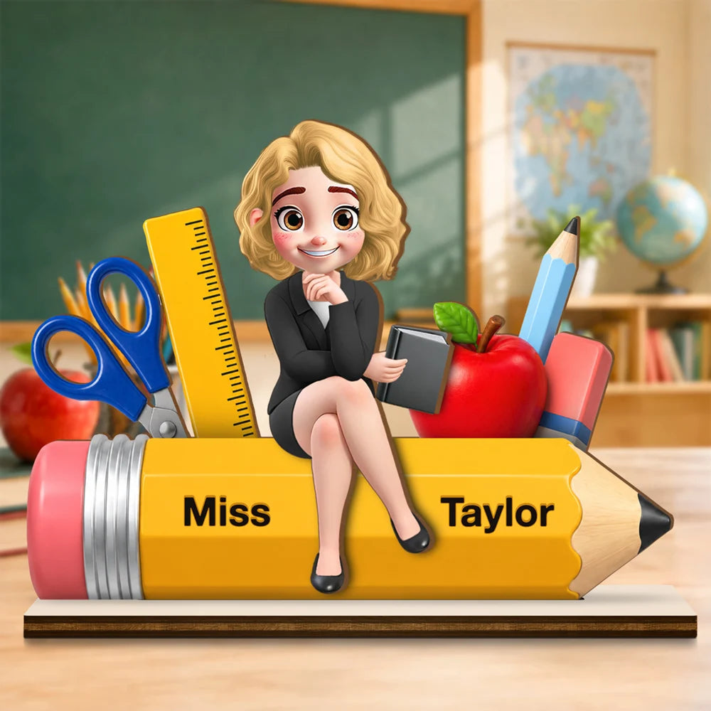 Dedicatied Teacher With School Supplies - Personalized Custom Shaped 2-Layered Wooden Plaque
