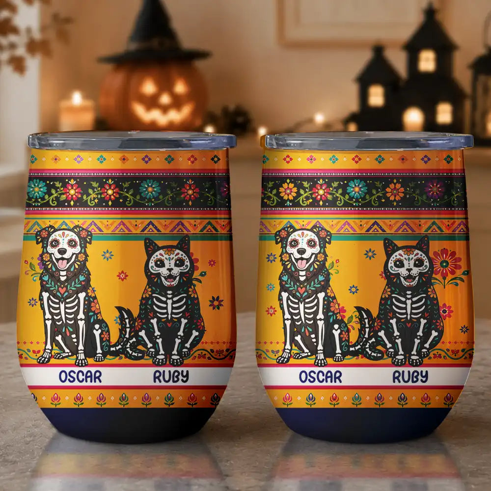 Art Design,Playful,Halloween,Pet Lovers,Hispanic,Photo - Hispanic Mexican Flowers Pet - Custom Photo Hispanic Pet Day Of The Dead - Personalized Wine Tumbler