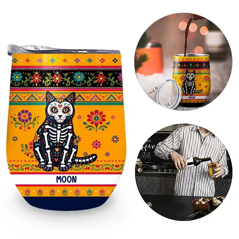 Art Design,Playful,Halloween,Pet Lovers,Hispanic,Photo - Hispanic Mexican Flowers Pet - Custom Photo Hispanic Pet Day Of The Dead - Personalized Wine Tumbler