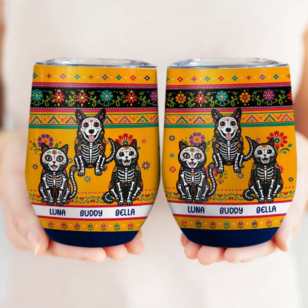 Art Design,Playful,Halloween,Pet Lovers,Hispanic,Photo - Hispanic Mexican Flowers Pet - Custom Photo Hispanic Pet Day Of The Dead - Personalized Wine Tumbler