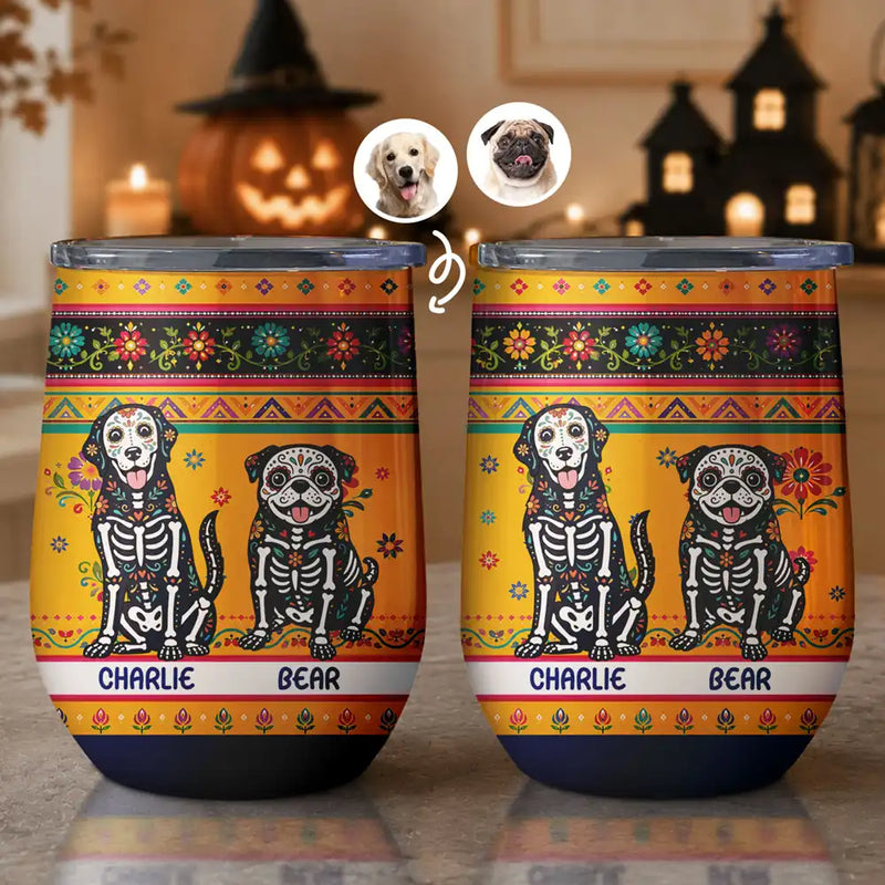 Art Design,Playful,Halloween,Pet Lovers,Hispanic,Photo - Hispanic Mexican Flowers Pet - Custom Photo Hispanic Pet Day Of The Dead - Personalized Wine Tumbler